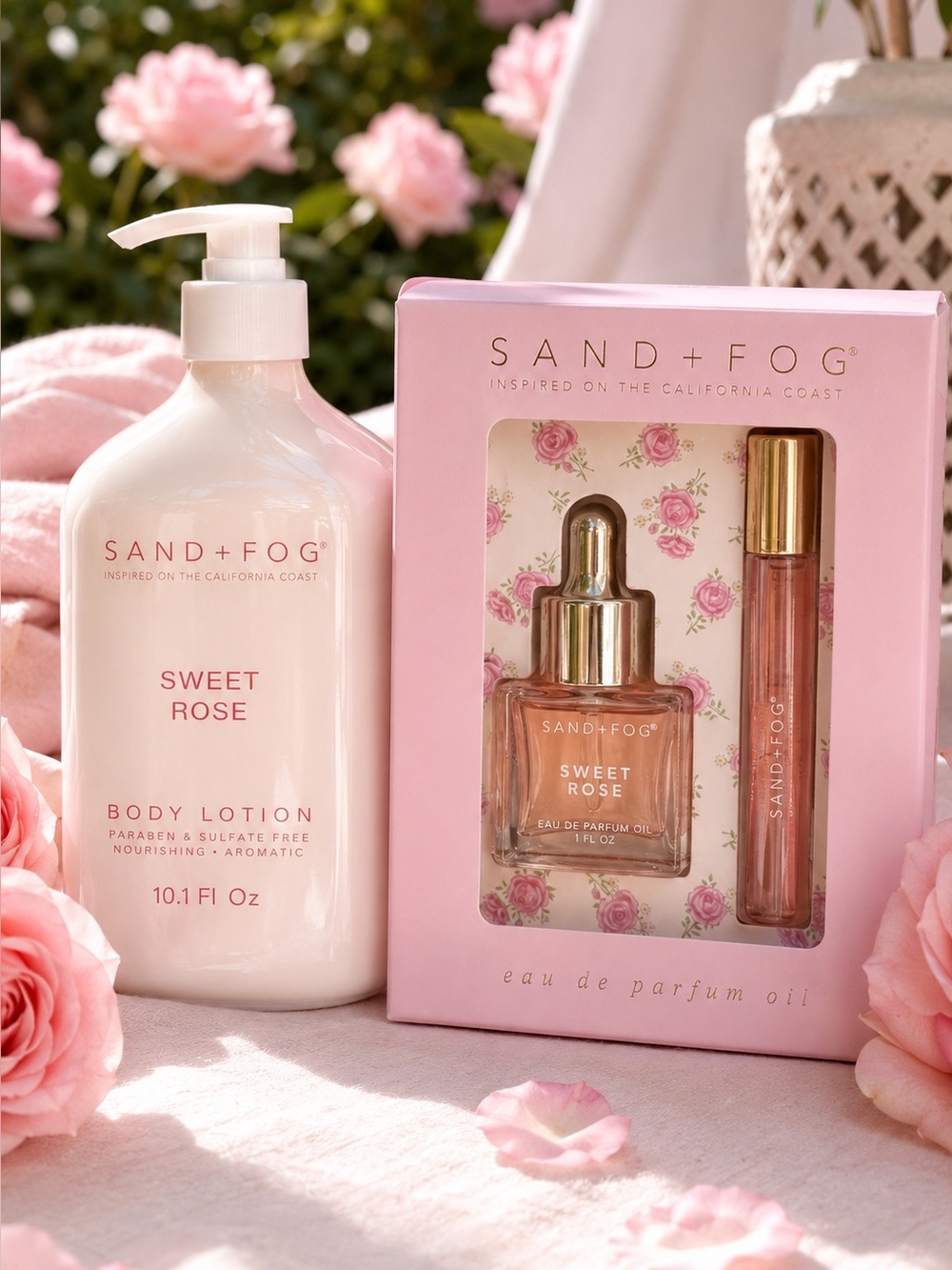 Sand + Fog Sweet Rose body oil Set & Body Lotion Bundle Floral Gift NWT
